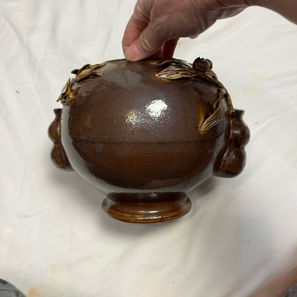 RARE Japanese clay pot with relief lotus branches; glazed; hand thrown;ANTIQUE - Picture 8 of 15